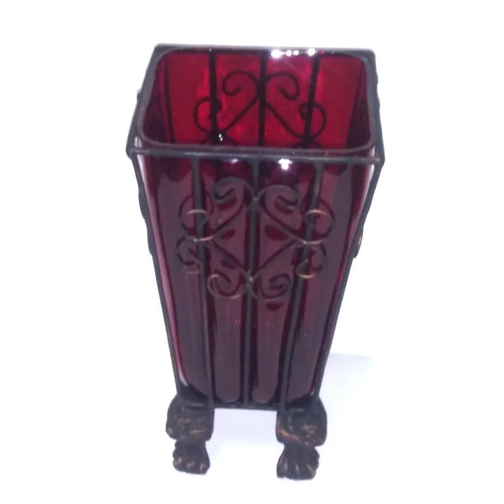 Vintage Vase Metal caged/imprisoned Bubbled RED Glass Footed Art glass vase EUC